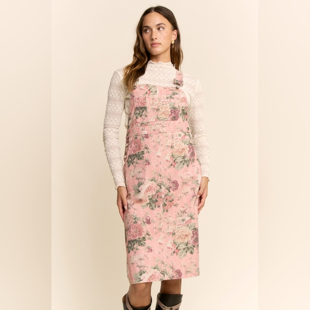 ​Davi & Dani Pink Floral Denim Pinafore Jumper Overall Dress